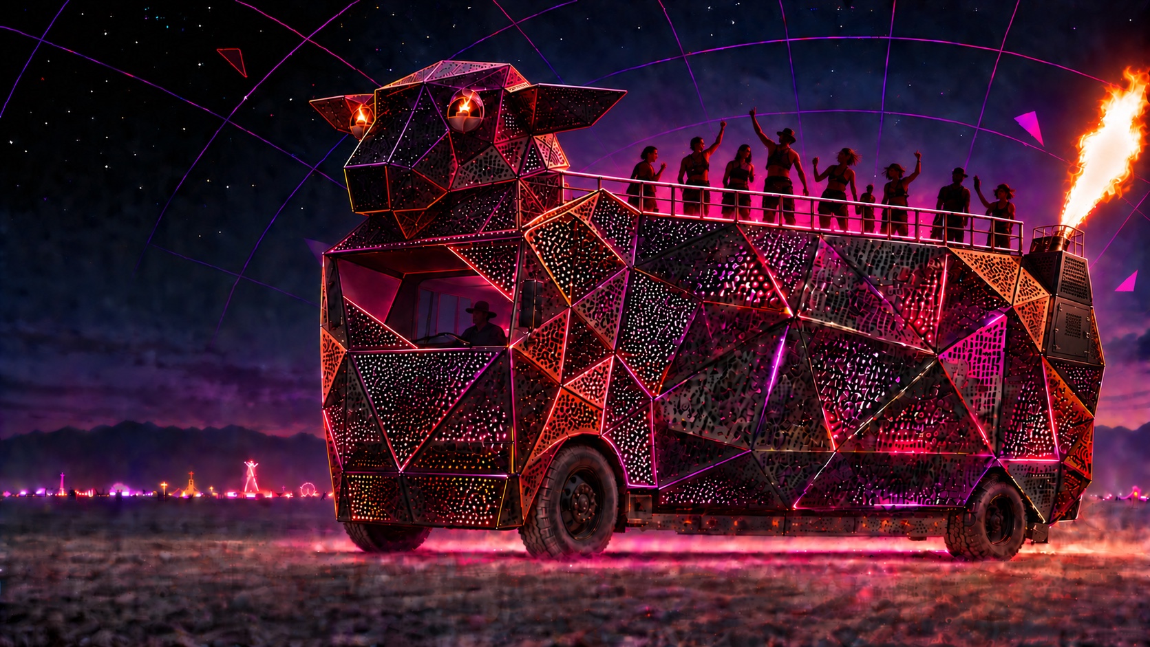 BAAABS glowing violet, pink, and orange on the playa, with dancers on her roof and fire erupting from the rear